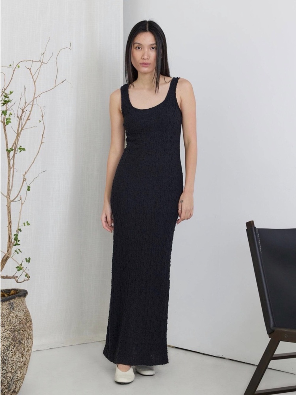 Claudia Dress - Black Textured Tank Maxi With Back Slit